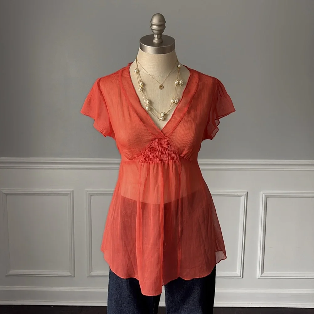 Mimi Maternity Chiffon Empire Waist Flutter Sleeve Blouse Coral Orange M NWOT